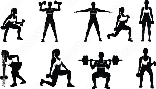 Female fitness workout silhouette with dumbbells and barbell, strength training poses, exercise routine, bodybuilding workout, gym training, healthy lifestyle motivation