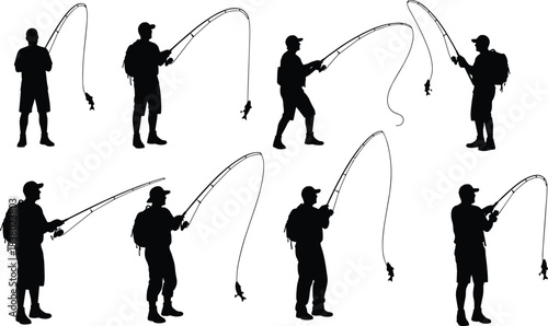 Fisherman Silhouettes Set with Rod and Fish Catch, Vector Collection of Anglers Casting and Reeling in Black & White