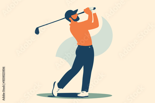 Illustrated golfer swinging club with focused concentration and stylized design