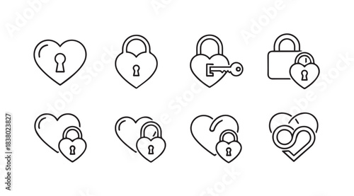 Collection of heart shaped lock and key icons silhouette