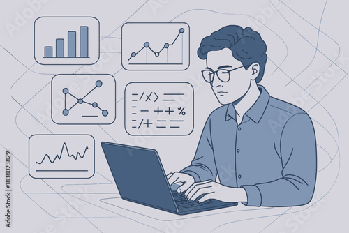 Focused analyst with laptop surrounded by data graphs and mathematical equations