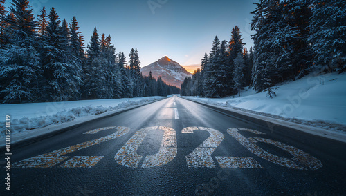 Strada in inverno a due corsie con la scritta del nuovo anno 2026 sull'asfalto