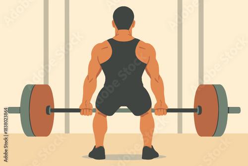 Muscular man preparing to lift barbell with orange and green weights