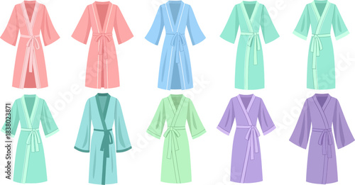 Colorful Bathrobes in Soft Pastel Shades on White Background