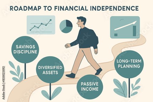 Roadmap to Financial Independence with Walking Man and Investment Graphics