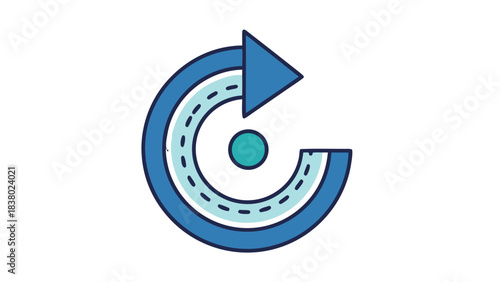 Circular Arrow Graphic With A Teal Dot In The Center And Blue And White Stripes Representing A Road Or Path Against A Black Background With Minimalist Design Style
