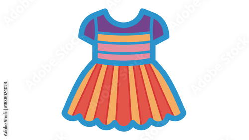 Childs Play Dress Featuring A Purple Bodice With Short Sleeves And A Striped Bodice In Coral Orange And Pink Colors With A Full Skirt In Red Orange And Yellow Vertical Stripes On A Black Background