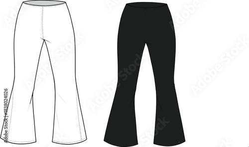 Flared pants, fashion illustration, white trousers, black trousers, garment sketch, bell-bottom style, apparel design, clothing comparison, technical drawing, textile art