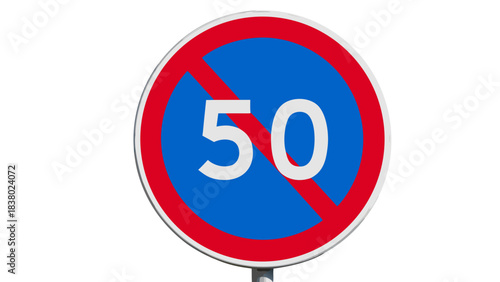 Circular Road Sign Prohibiting Speed Exceeding Fifty Kilometers Per Hour On A Gray Metal Pole Against A Black Background With Red Border And Blue Center