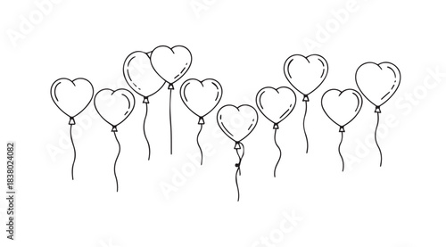 A collection of hand drawn heart shaped balloons in a simple outline silhouette style