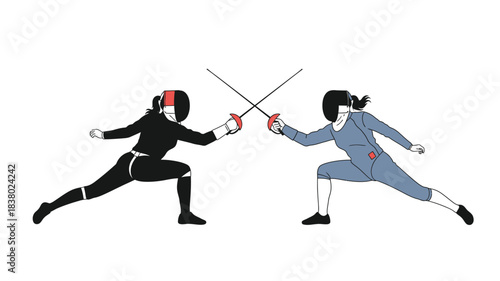 Two fencers engaged in a dynamic bout showcasing skill and athleticism with their swords
