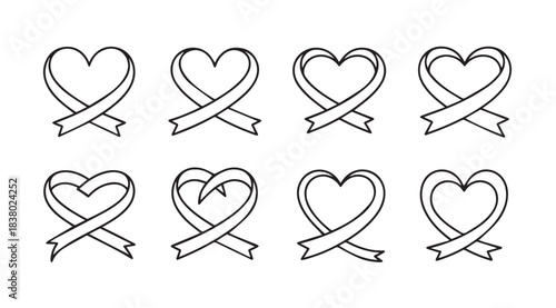Collection of eight hand drawn heart shaped ribbon silhouettes for awareness campaigns silhouette