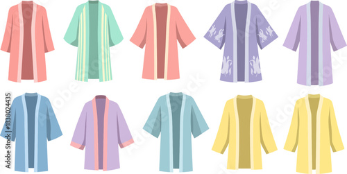 Colorful Traditional Kimono Robes in Various Pastel Shades Displayed Flat