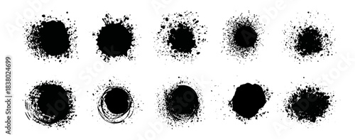 Grunge dot strokes with grainy and dust effect. Vector abstract dotwork with dirty texture. Stains and blots, messy and dirty blots left from aerosol. Sprayed grungy drawing graffiti ink or street art