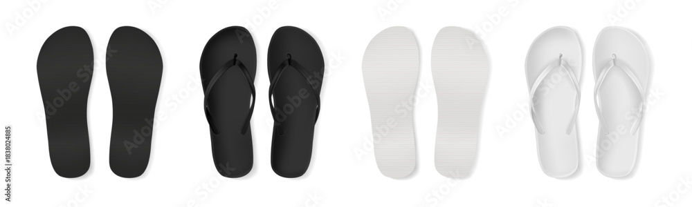 Naklejka premium Flip flops for summer beach, isolated set of warm season footwear and stylish clothes accessories. Vector rubber slippers for outdoors. Slippers or pluggers, view from up and shoes soles