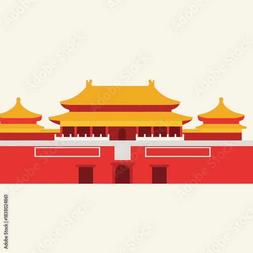 Traditional Chinese Imperial Palace Architecture with Red Walls and Golden Roofs.