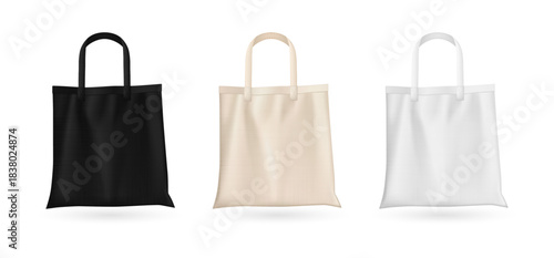 Blank tote shoulder bags mockups. Vector realistic set of fabric canvas eco pouches for shopping. Template of cotton cloth reusable shoppers with handles. Handbags from ecological material