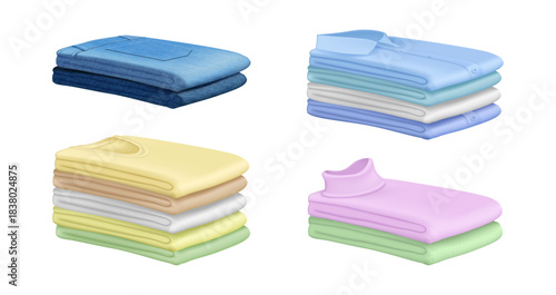 Piles of cloth, stack or heap of fabric materials of different size and texture. Vector isolated pants and shirts, tshirts and polo neck sweaters, neatly folded textiles. Tailoring and sewing studios