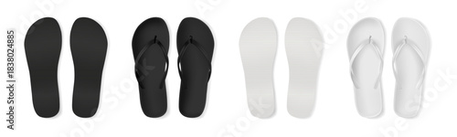 Flip flops for summer beach, isolated set of warm season footwear and stylish clothes accessories. Vector rubber slippers for outdoors. Slippers or pluggers, view from up and shoes soles