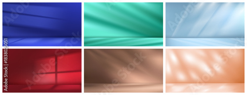 Professional studio backgrounds collection. Vector set of decorative monochrome layers with podiums and stages. Scene textures with smooth surfaces, soft shadows and lighting. Spaces for items display