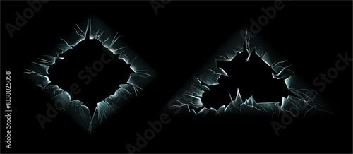 Frameworks with broken glass effect. Vector isolated empty geometric frames with crackles and sharp edges of crystalline surface. Rhombus and triangle shapes of broken glazing or transparent panel