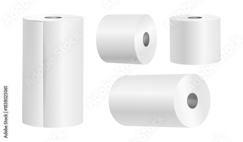 Rolls of toilet papers and kitchen tissues, various views. Vector realistic cylindrical towels for personal hygiene, cleaning and drying hands. Organic material for bathroom and cooking area