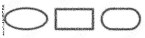 Frames with grain texture, isolated set of geometric shaped borders with stipple sand effect. Vector spraying of fine particles in form of ellipse and rectangle, framework gradient from dots