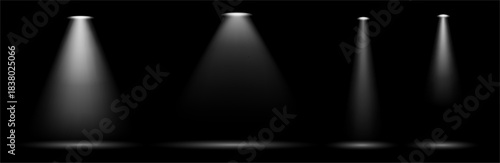 Stage or theater spotlight and glare effects. Vector realistic style, isolated set of minimalist illumination, beams and light spread. Presentation projector, shiny rays and sparks illuminate
