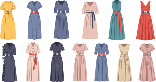 Collection of Colorful Women Dresses Displayed in Row on White Background