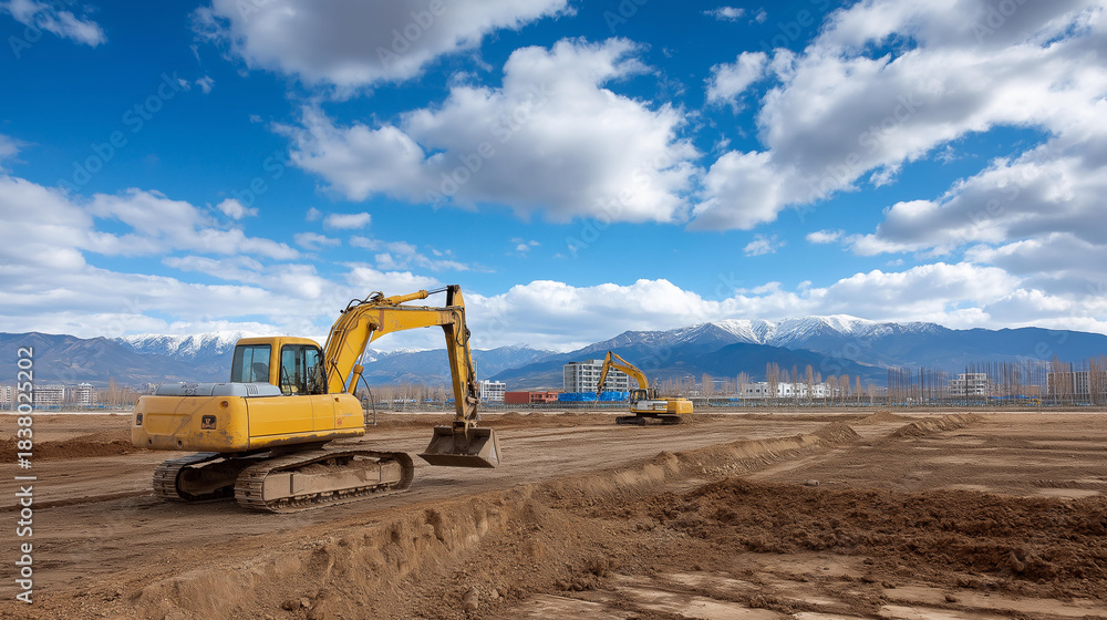 Obraz premium Dynamic construction site excavation view, heavy machinery operations, earth-moving activity, industrial development zone, civil engineering project, ground preparation work, const