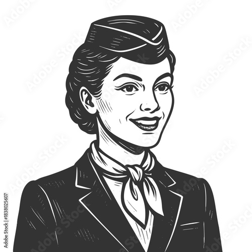cheerful female flight attendant in classic uniform with scarf and hat, drawn in retro style sketch engraving generative ai fictional character vector illustration. Scratch board. Black and white.