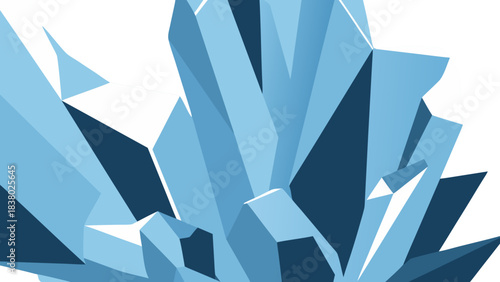 Close up of blue ice crystal formations with sharp geometric facets and light blue and dark blue tones against a black background geometric abstract background with sharp edges