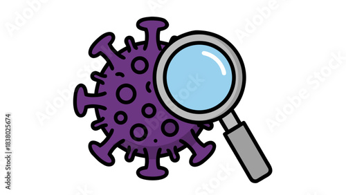 Close up of purple coronavirus particle under magnifying glass on black background detailed illustration of science and healthcare theme