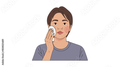Close Up of Person Gently Applying Cotton Pad to Cheek with Pink Blush Against Dark Background