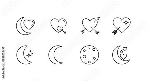 Collection of hand drawn celestial and romantic heart icons in a minimalist silhouette style