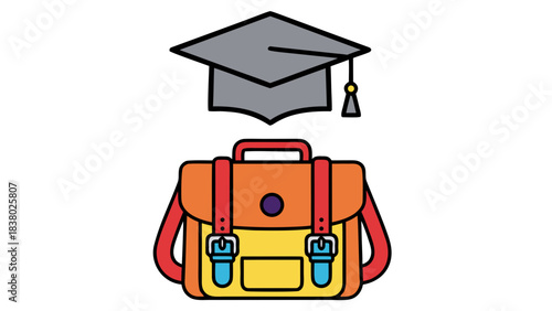Colorful School Backpack and Graduation Cap Symbolizing Education Achievement and Student Journey Against a Plain Black Background