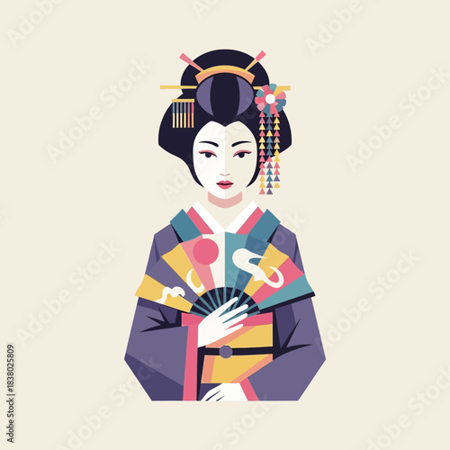Traditional Japanese Geisha in Kimono with Fan and Elaborate Hairdo.