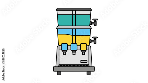 Commercial Beverage Dispenser With Three Taps And Two Stacked Tanks Filled With Teal And Yellow Liquids On A Gray Base With A Black Background