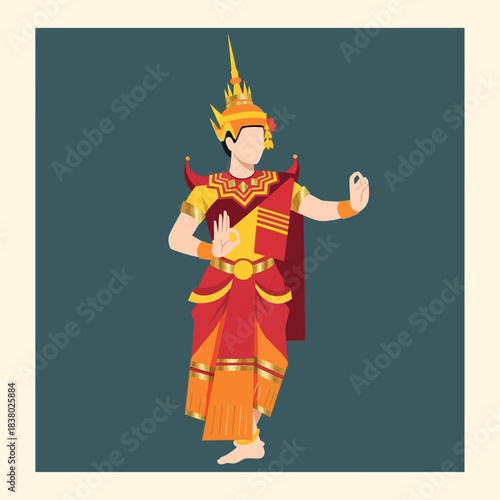 Traditional Thai dancer in elaborate costume performing a classical dance.