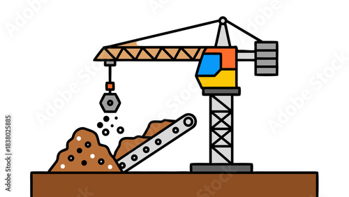 Construction Site With Tower Crane Moving Materials Over Dirt Pile Conveyor Belt Industrial Machinery Cartoon Style Illustration