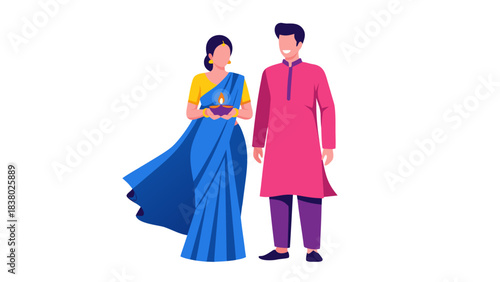 Couple Wearing Traditional Indian Attire Celebrating Diwali Holding A Lit Diya Lamp Indoors Against A Black Background