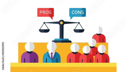 Courtroom Scene Weighing Pros and Cons with People and Scales of Justice Symbolizing Decision Making and Legal Proceedings Against a Black Background