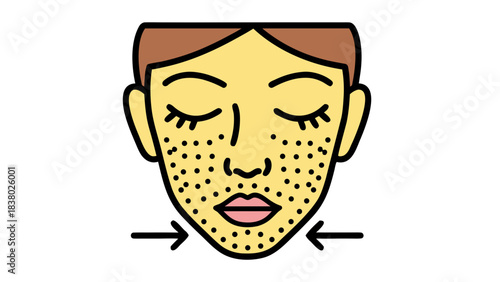 Close up of a Yellow Face with Eyes Closed and Speckled Cheeks representing skin concerns or blemishes against a stark black background detailed illustration
