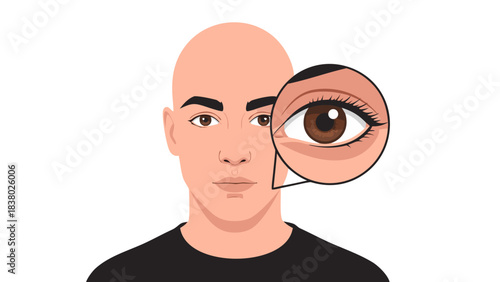 Close up of an eye magnified with a detailed iris and pupil shown against a bald man's face wearing a black t-shirt on a dark background symbolizing focus and attention to detail