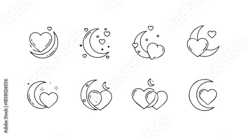 Collection of romantic heart and moon icons in a charming silhouette style