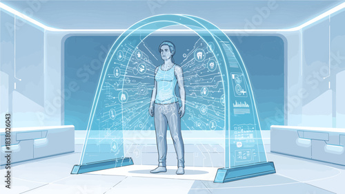 Futuristic Medical Diagnostic Scanner with Digital Holographic Interface Monitoring Woman's Health Data in a Modern Clinic