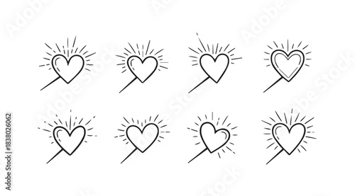 Collection of eight hand drawn heart shapes with radiating lines silhouette