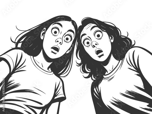 young women with wide eyes and open mouths, staring down in surprise sketch engraving generative ai fictional character vector illustration. Scratch board imitation. Black and white image.