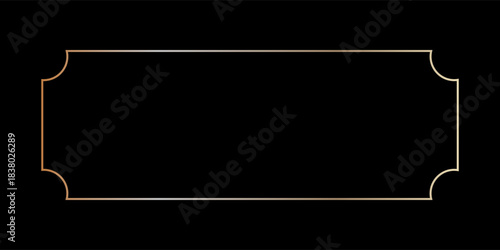 Thin golden frame with round corners in art deco style. Vintage gold border. Linear shining rectangle shape. Brass glowing shiny boarder element pack. Vector illustration isolated on black background.