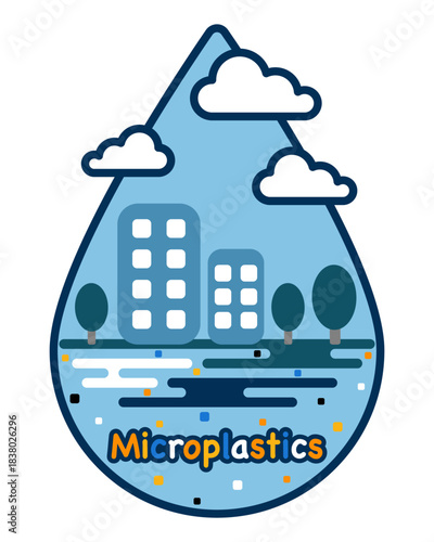 Abstract landscape vector illustration showcasing microplastics in water, rendered in a distinctive waterdrop style.
